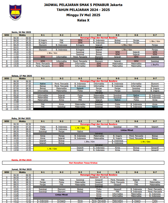 Jadwal Pelajaran Kelas X SMAK 5 PENABUR Jakarta Tahun Pelajaran 2024-2025 Minggu IV Mei 2025