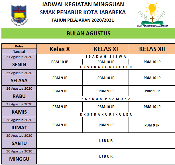 Jadwal Mingguan 24-28 Agustus 2020