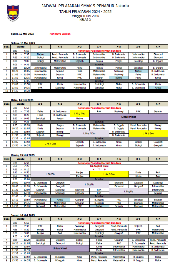 Jadwal Pelajaran Kelas X SMAK 5 PENABUR Jakarta Tahun Pelajaran 2024-2025 Minggu II Mei 2025