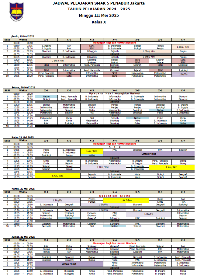 Jadwal Pelajaran Kelas X SMAK 5 PENABUR Jakarta Tahun Pelajaran 2024-2025 Minggu III Mei 2025