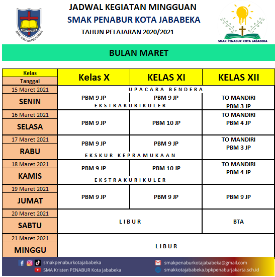 Jadwal Mingguan 15-20 Maret 2021