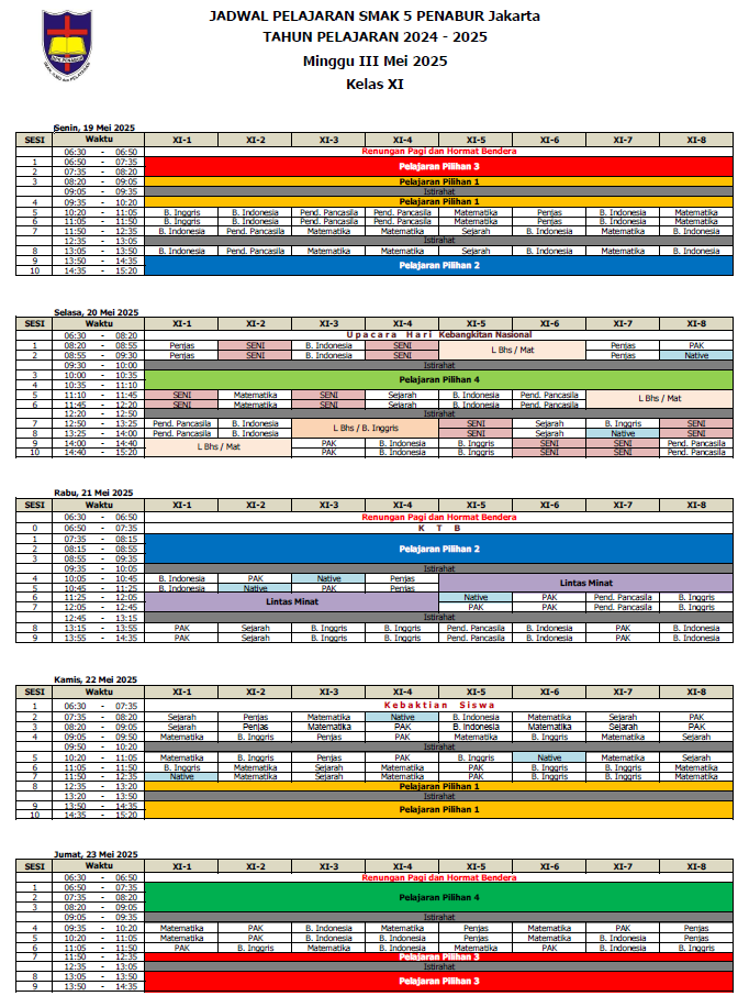 Jadwal Pelajaran Kelas XI SMAK 5 PENABUR Jakarta Tahun Pelajaran 2024-2025 Minggu III Mei 2025