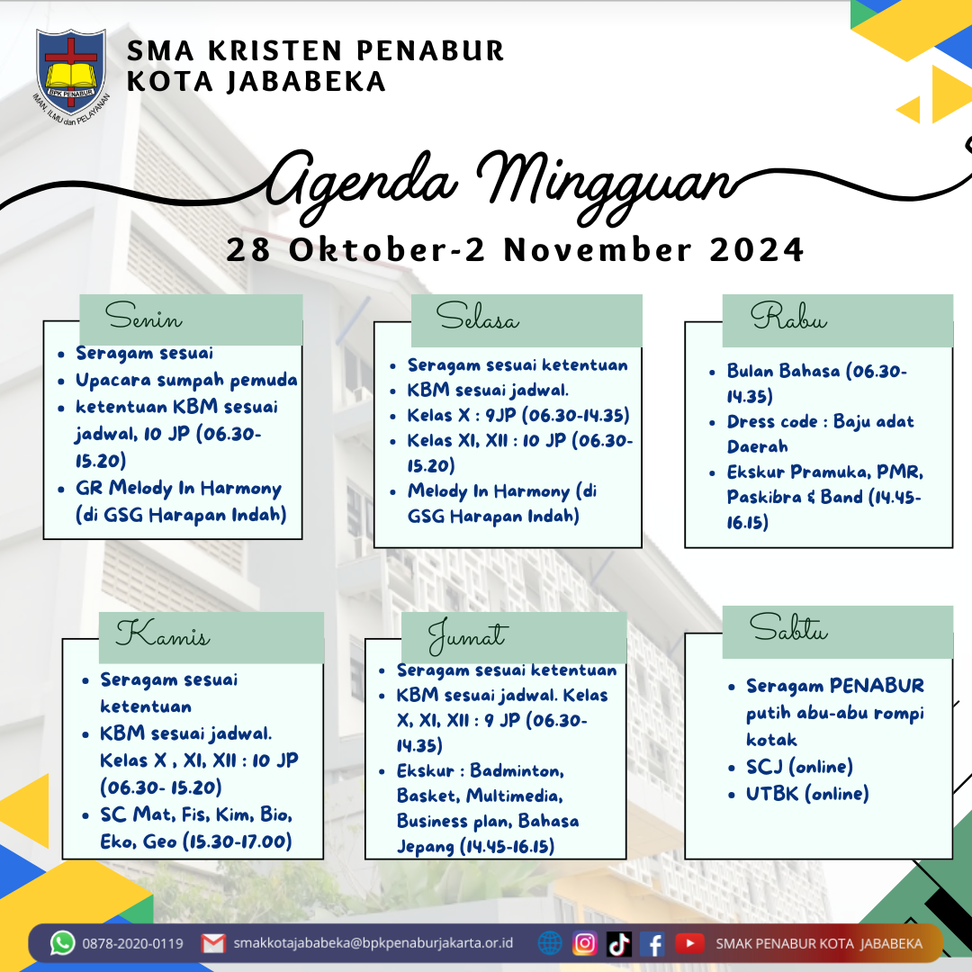 Jadwal Mingguan, 28 Oktober - 2 November 2024