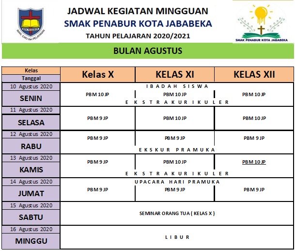 Jadwal Mingguan 10-15 Agustus 2020