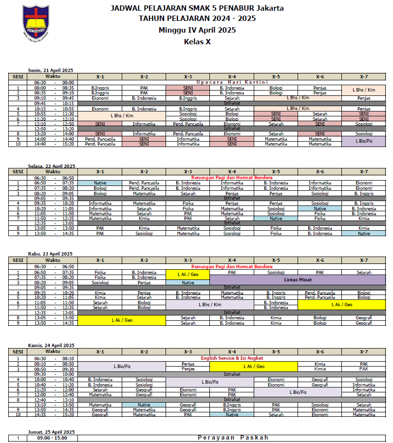 Jadwal Pelajaran Kelas X SMAK 5 PENABUR Jakarta Tahun Pelajaran 2024-2025 Minggu IV April 2025