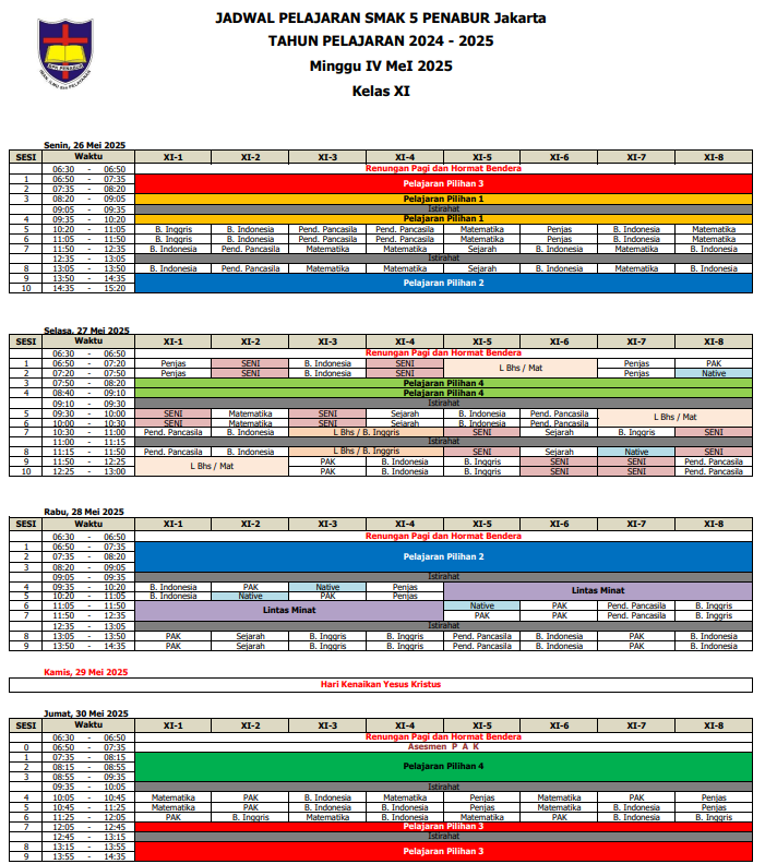 Jadwal Pelajaran Kelas XI SMAK 5 PENABUR Jakarta Tahun Pelajaran 2024-2025 Minggu IV Mei 2025