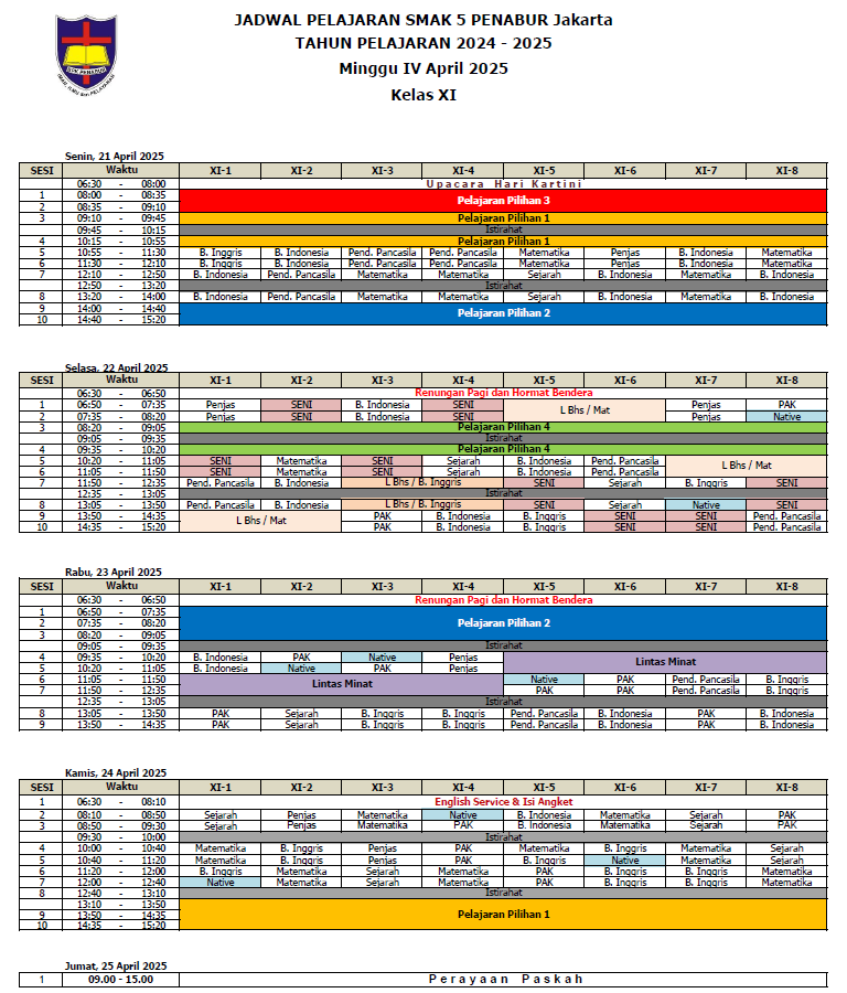 Jadwal Pelajaran Kelas XI SMAK 5 PENABUR Jakarta Tahun Pelajaran 2024-2025 Minggu IV April 2025