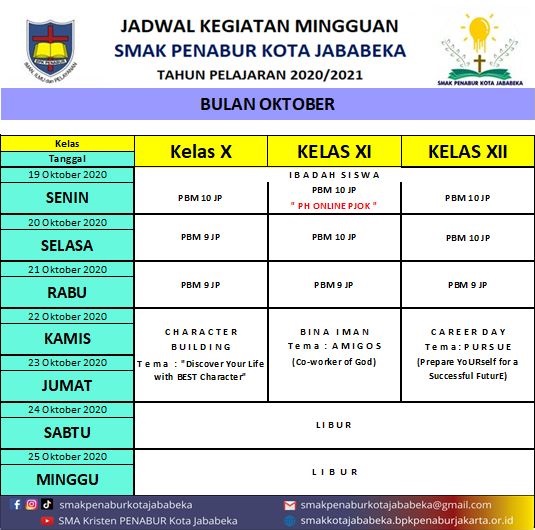 Jadwal Mingguan 19-23 Oktober 2020