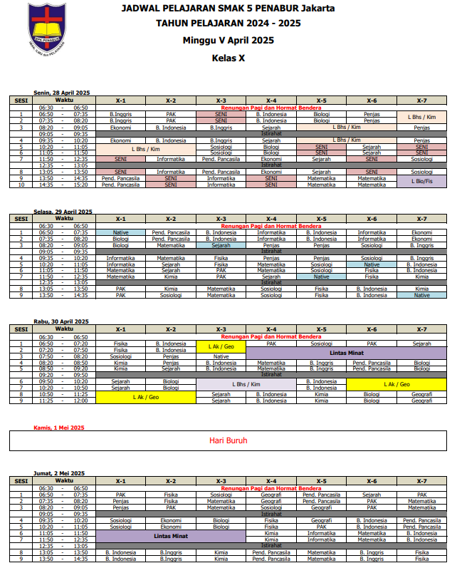 Jadwal Pelajaran Kelas X SMAK 5 PENABUR Jakarta Tahun Pelajaran 2024-2025 Minggu V April 2025