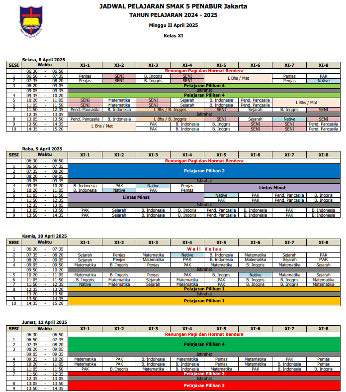 Jadwal Pelajaran Kelas XI SMAK 5 PENABUR Jakarta Tahun Pelajaran 2024-2025 Minggu II April 2025