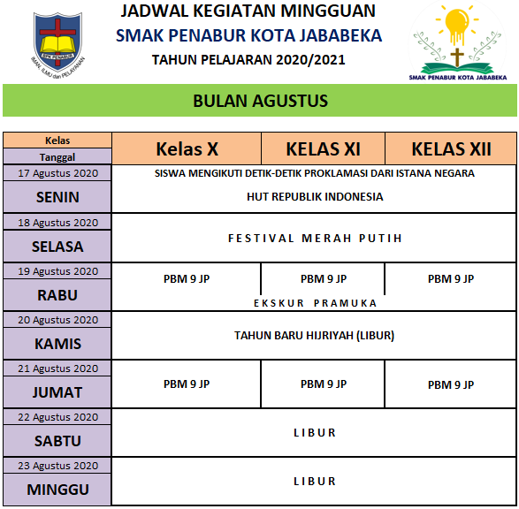 Jadwal Mingguan 17-21 Agustus 2020