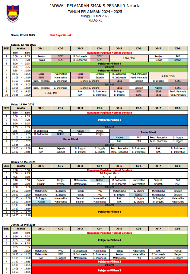 Jadwal Pelajaran Kelas XI SMAK 5 PENABUR Jakarta Tahun Pelajaran 2024-2025 Minggu II Mei 2025