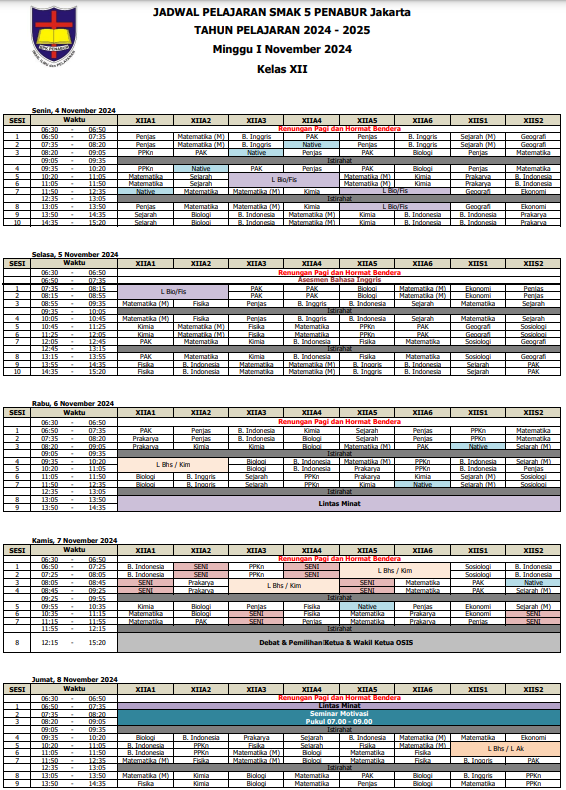 Jadwal Pelajaran Kelas XII SMAK 5 PENABUR Jakarta Tahun Pelajaran 2024-2025 Minggu I November 2024