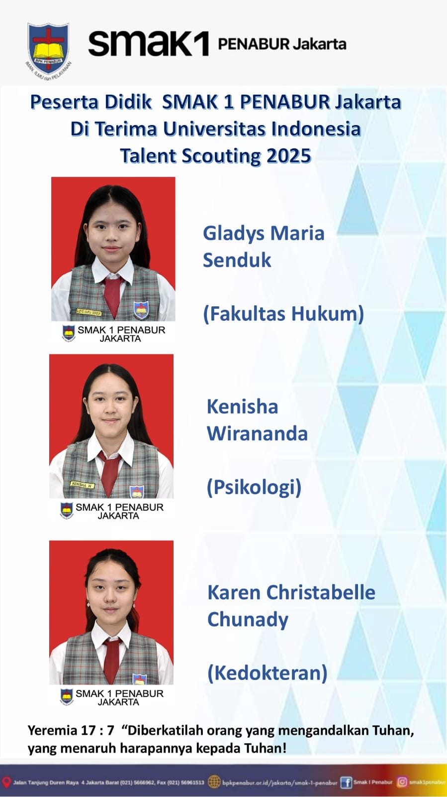 Peserta Didik SMAK 1 PENABUR Jakarta diterima di Universitas Indonesia melalui Talent Scouting