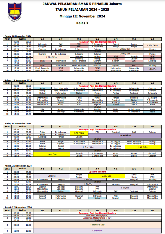 Jadwal Pelajaran Kelas X SMAK 5 PENABUR Jakarta Tahun Pelajaran 2024-2025 Minggu III November 2024