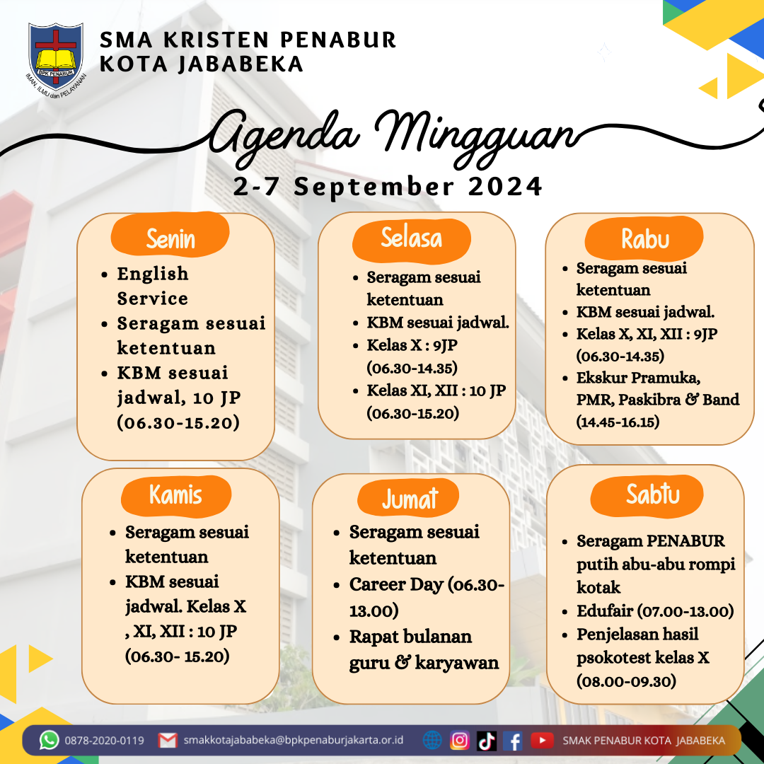 Jadwal Mingguan, 2 September - 7 September 2024