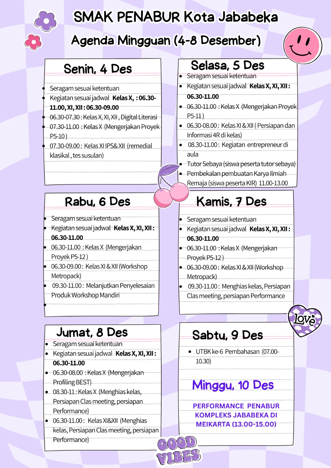 Jadwal Mingguan 4 Desember -10 Desember 2023