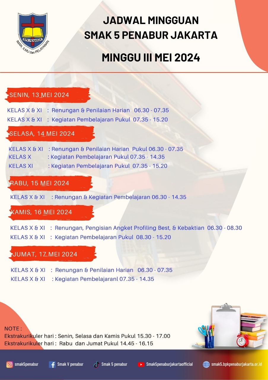 Jadwal Minggu III Mei 2024 SMAK 5 PENABUR Jakarta