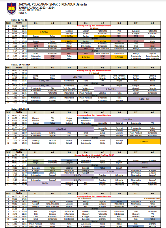 Jadwal Pelajaran Bulan Mei Minggu III Kelas X