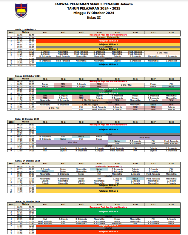 Jadwal Pelajaran Kelas XI SMAK 5 PENABUR Jakarta Tahun Pelajaran 2024-2025 Minggu IV Oktober 2024