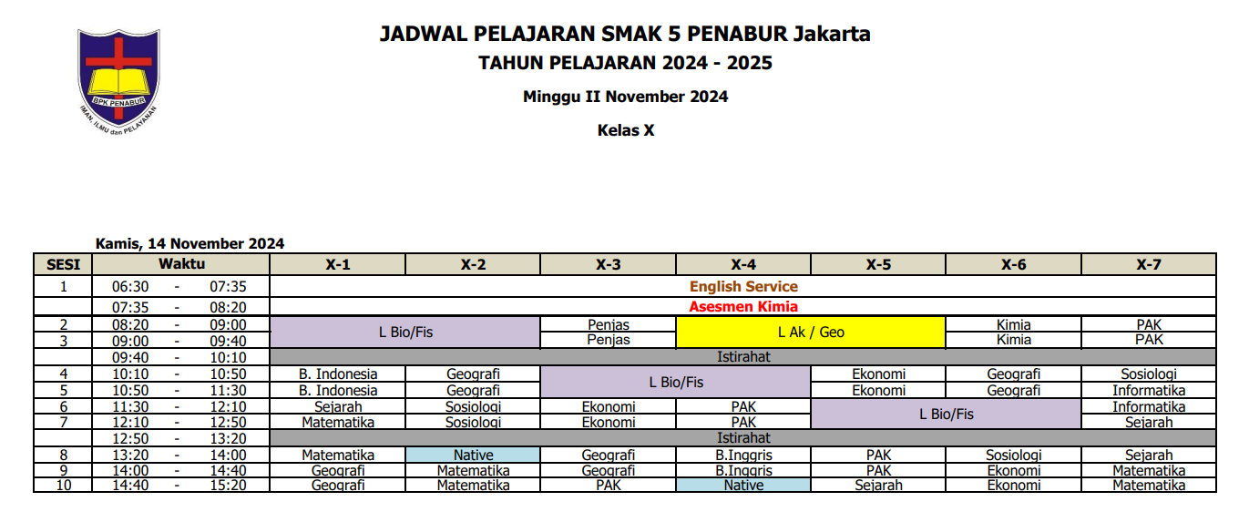 Revisi Jadwal Pelajaran Kelas X SMAK 5 PENABUR Jakarta Tahun Pelajaran 2024-2025 Kamis, 14 November 2024