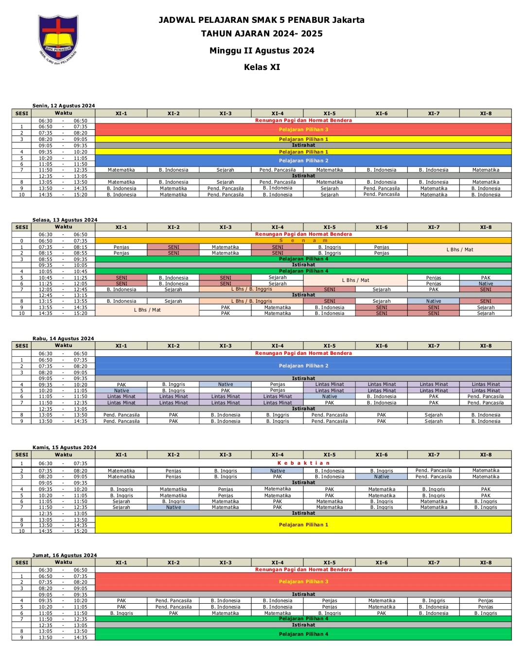 Jadwal Pelajaran Kelas XI SMAK 5 PENABUR Jakarta Tahun Pelajaran 2024-2025 Minggu II Agustus 2024