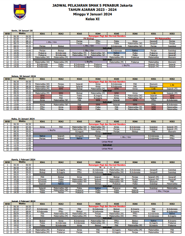 Jadwal Pelajaran Bulan Januari Minggu V Kelas XI