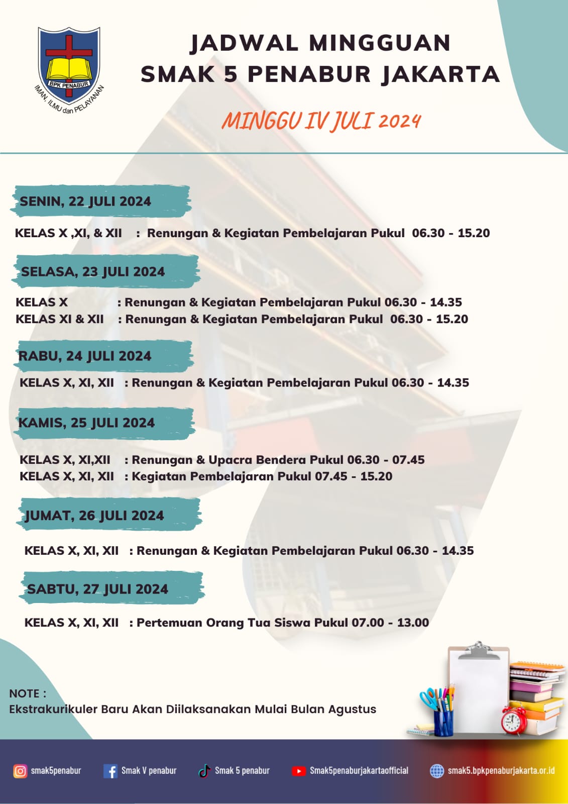 Jadwal Minggu IV Juli 2024 SMAK 5 PENABUR Jakarta