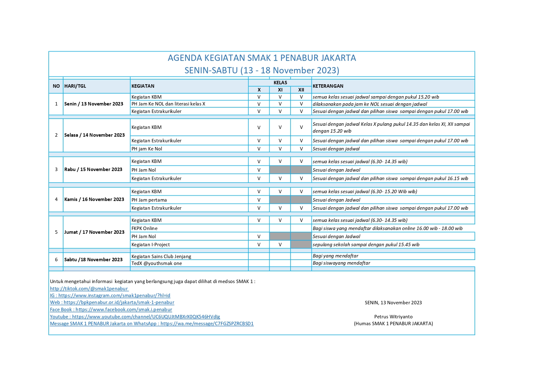 Agenda Kegiatan SMAK 1 PENABUR tanggal 13 - 18 November 2023