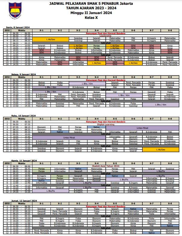 Jadwal Pelajaran Bulan Januari Minggu II Kelas X