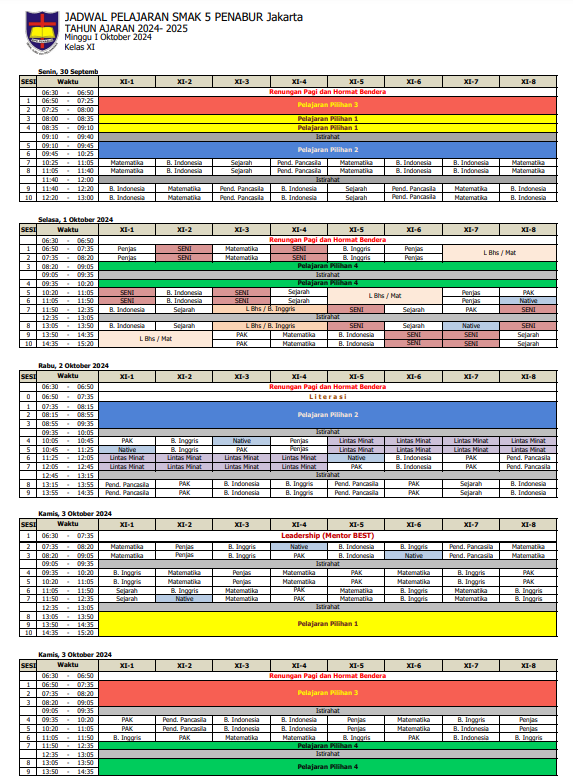 Jadwal Pelajaran Kelas XI SMAK 5 PENABUR Jakarta Tahun Pelajaran 2024-2025 Minggu I Oktober 2024