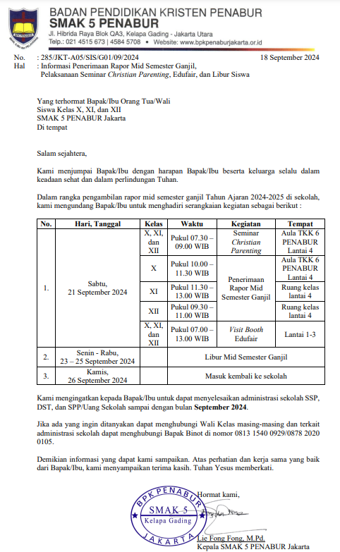 Agenda Penerimaan Raport Mid Semester Ganjil, Pelaksanaan Seminar Christian Parenting, Kegiatan Edufair & Libur Siswa