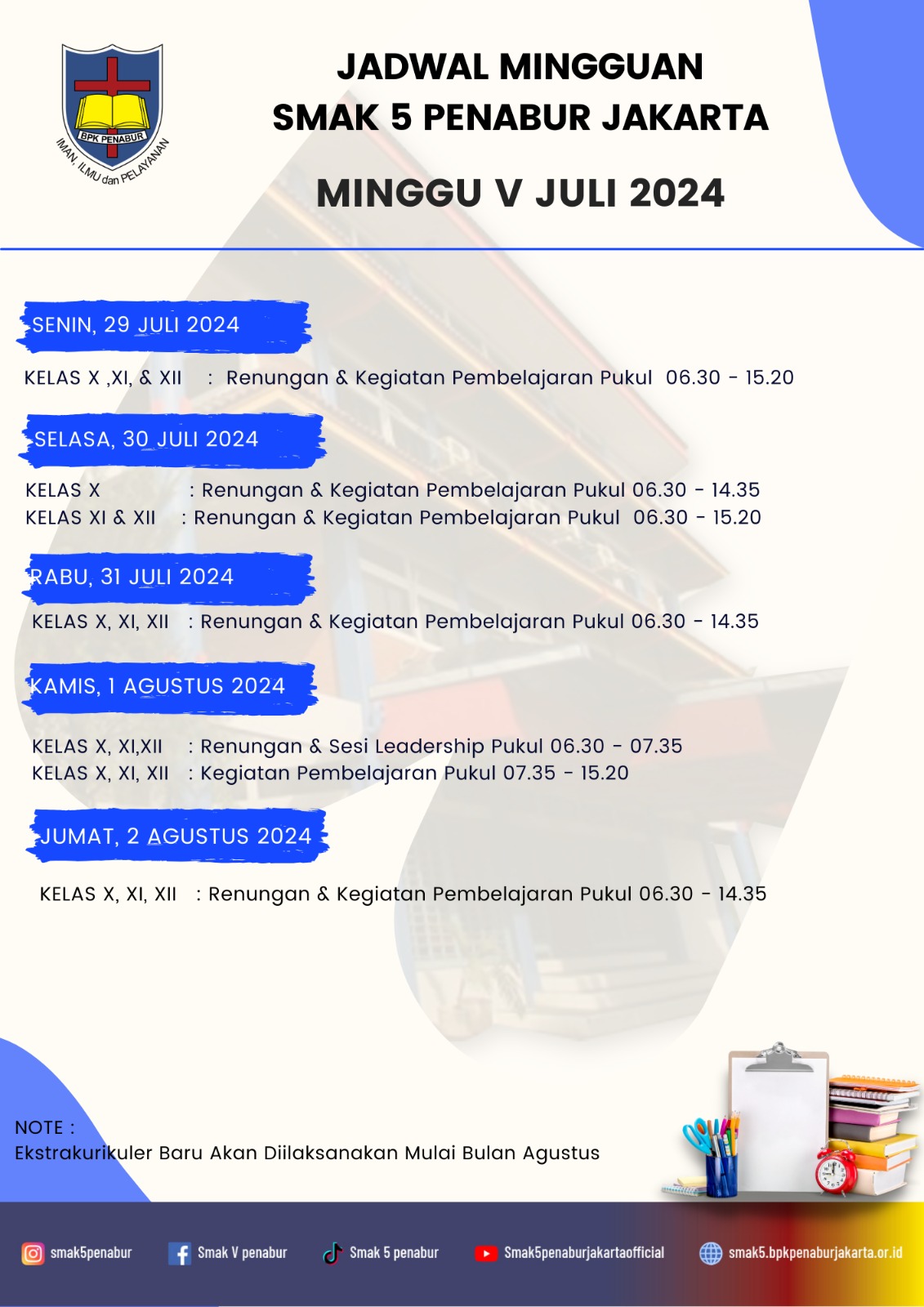 Jadwal Minggu V Juli 2024 SMAK 5 PENABUR Jakarta