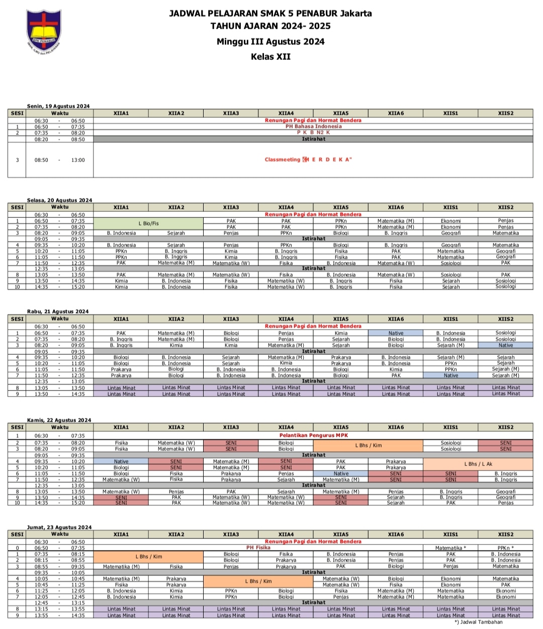 Jadwal Pelajaran Kelas XII SMAK 5 PENABUR Jakarta Tahun Pelajaran 2024-2025 Minggu III Agustus 2024