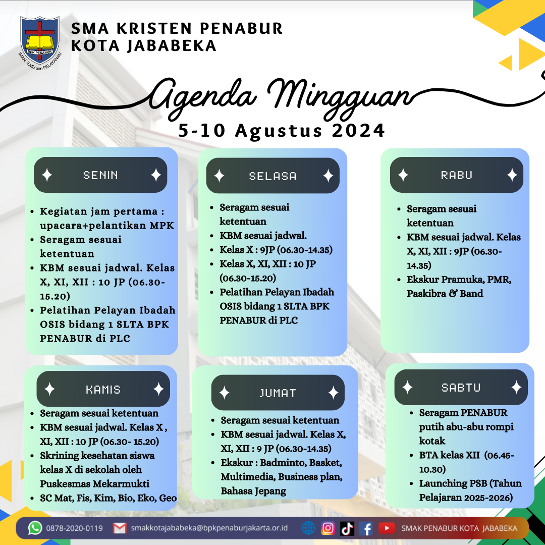 Jadwal Mingguan, 5 Agustus - 10 Agustus 2024