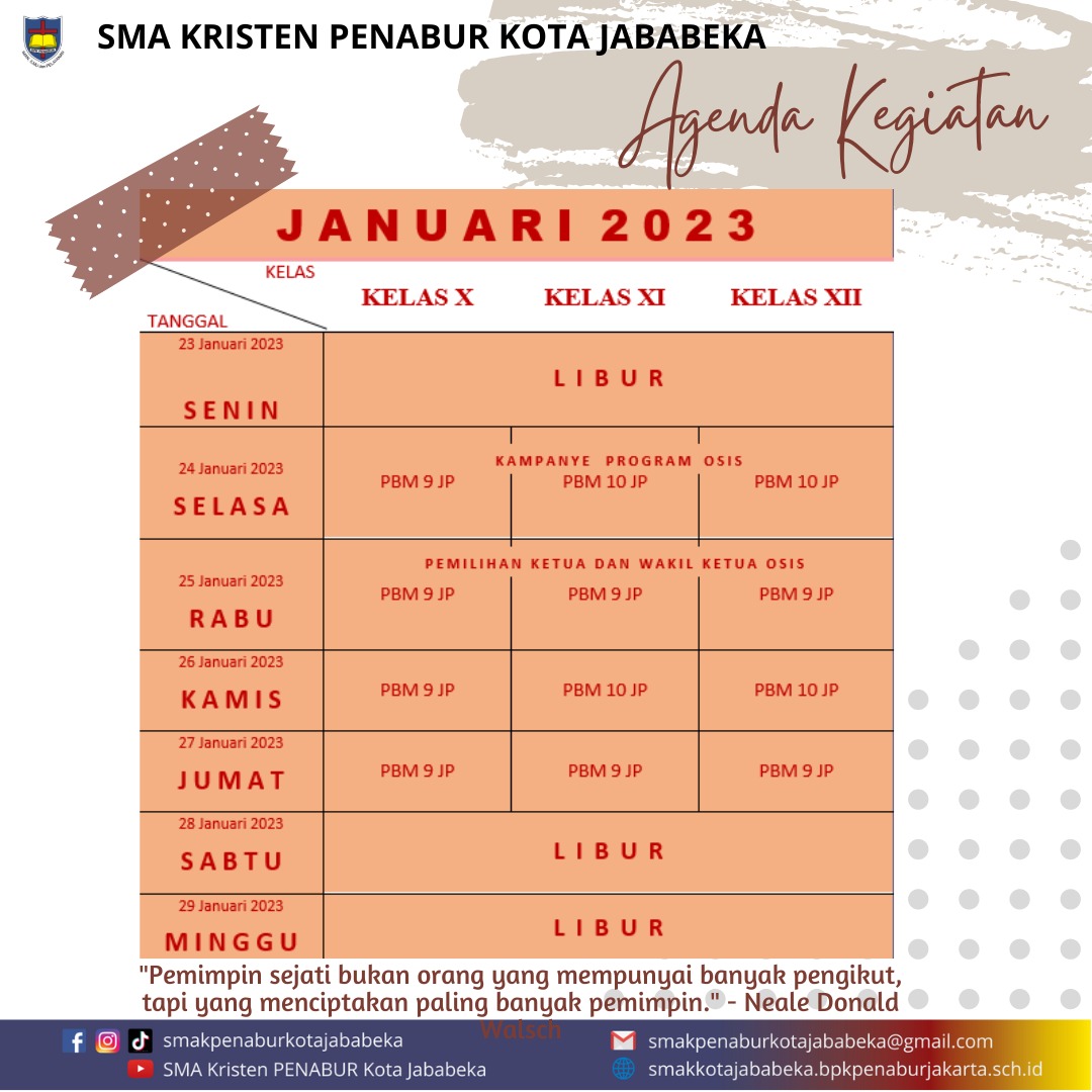 Jadwal Mingguan : 23 Januari - 29 Januari 2023