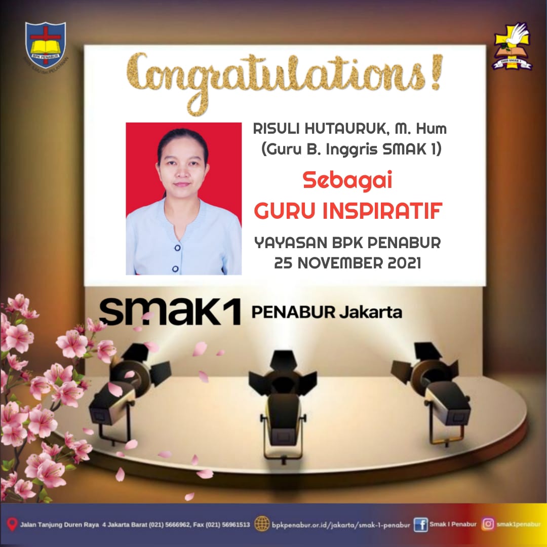 Prestasi Ibu Risuli Hutauruk, M. Hum meraih prestasi sebagai GURU INSPIRATIF di YAYASAN BPK PENABUR JAKARTA