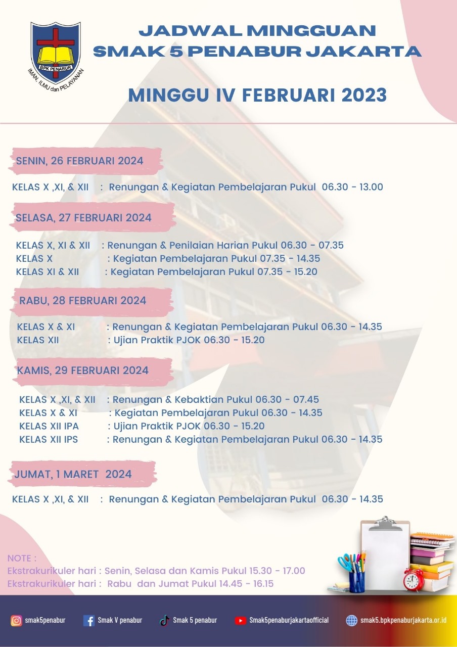 Jadwal Minggu IV Februari 2024 SMAK 5 PENABUR Jakarta
