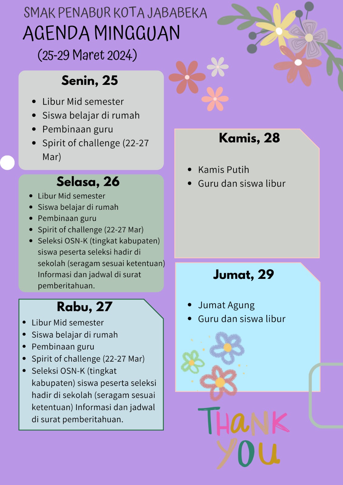 Jadwal Mingguan,  25 Maret - 30  Maret 2024