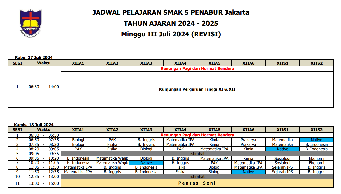 Revisi Pelajaran Kelas XII SMAK 5 PENABUR Jakarta Tahun 2024-2025 Minggu III Juli 2024