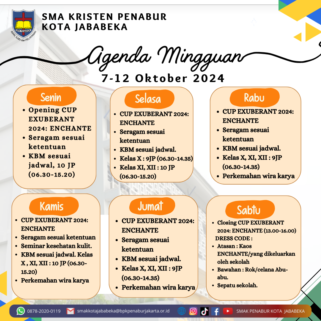 Jadwal Mingguan, 7 Oktober - 12 Oktober 2024