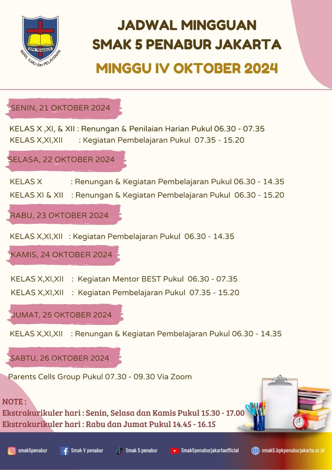 Jadwal Minggu IV Oktober 2024 SMAK 5 PENABUR Jakarta