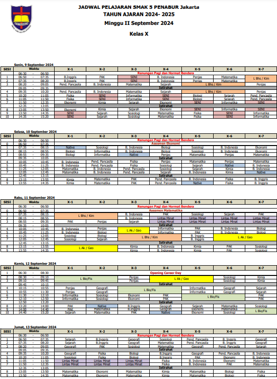 Jadwal Pelajaran Kelas X SMAK 5 PENABUR Jakarta Tahun Pelajaran 2024-2025 Minggu II September 2024