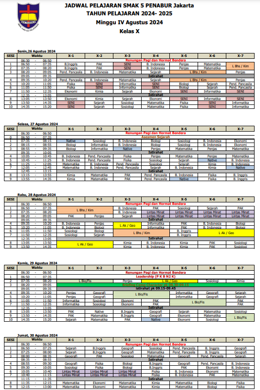 Jadwal Pelajaran Kelas X SMAK 5 PENABUR Jakarta Tahun Pelajaran 2024-2025 Minggu IV Agustus 2024