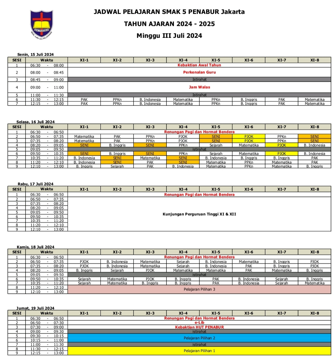 Jadwal Pelajaran Kelas XI SMAK 5 PENABUR Jakarta Tahun Pelajaran 2024-2025 Minggu III Juli 2024