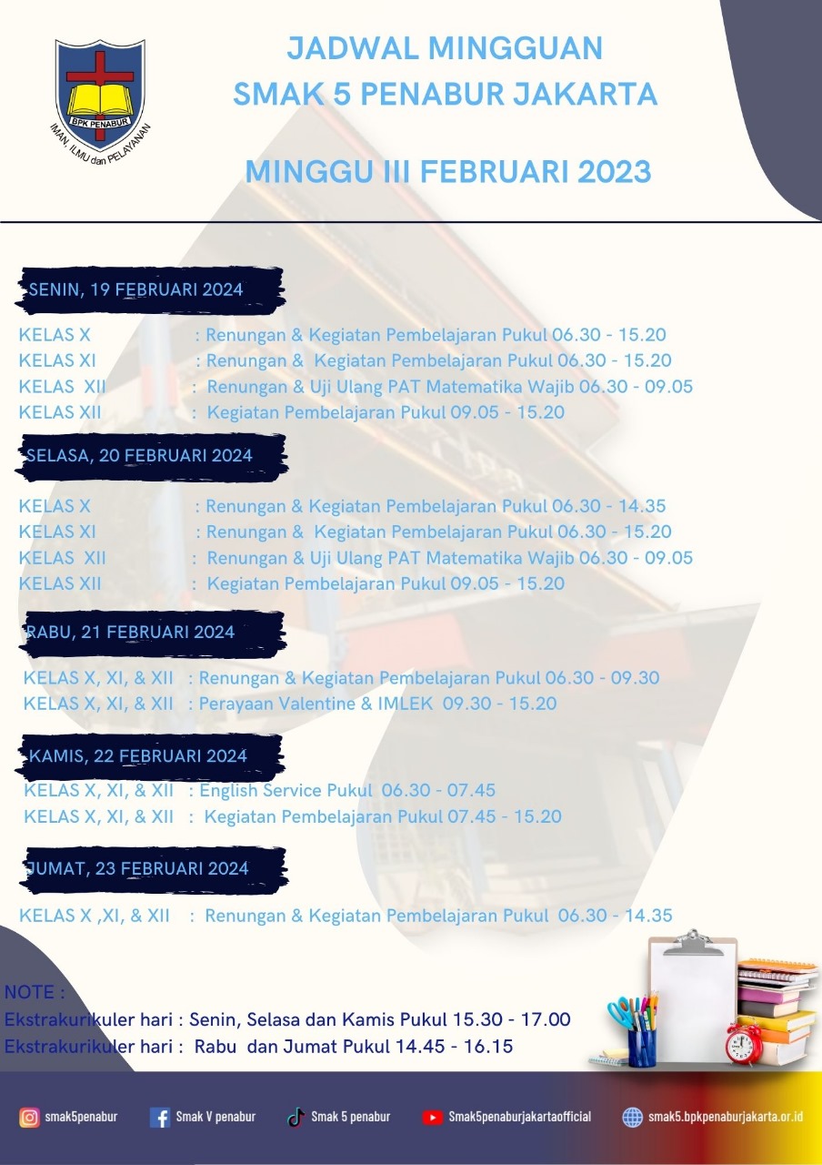 Jadwal Minggu III Februari 2024 SMAK 5 PENABUR Jakarta
