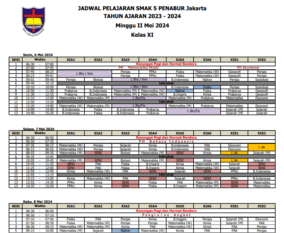 Jadwal Pelajaran Bulan Mei Minggu II Kelas XI