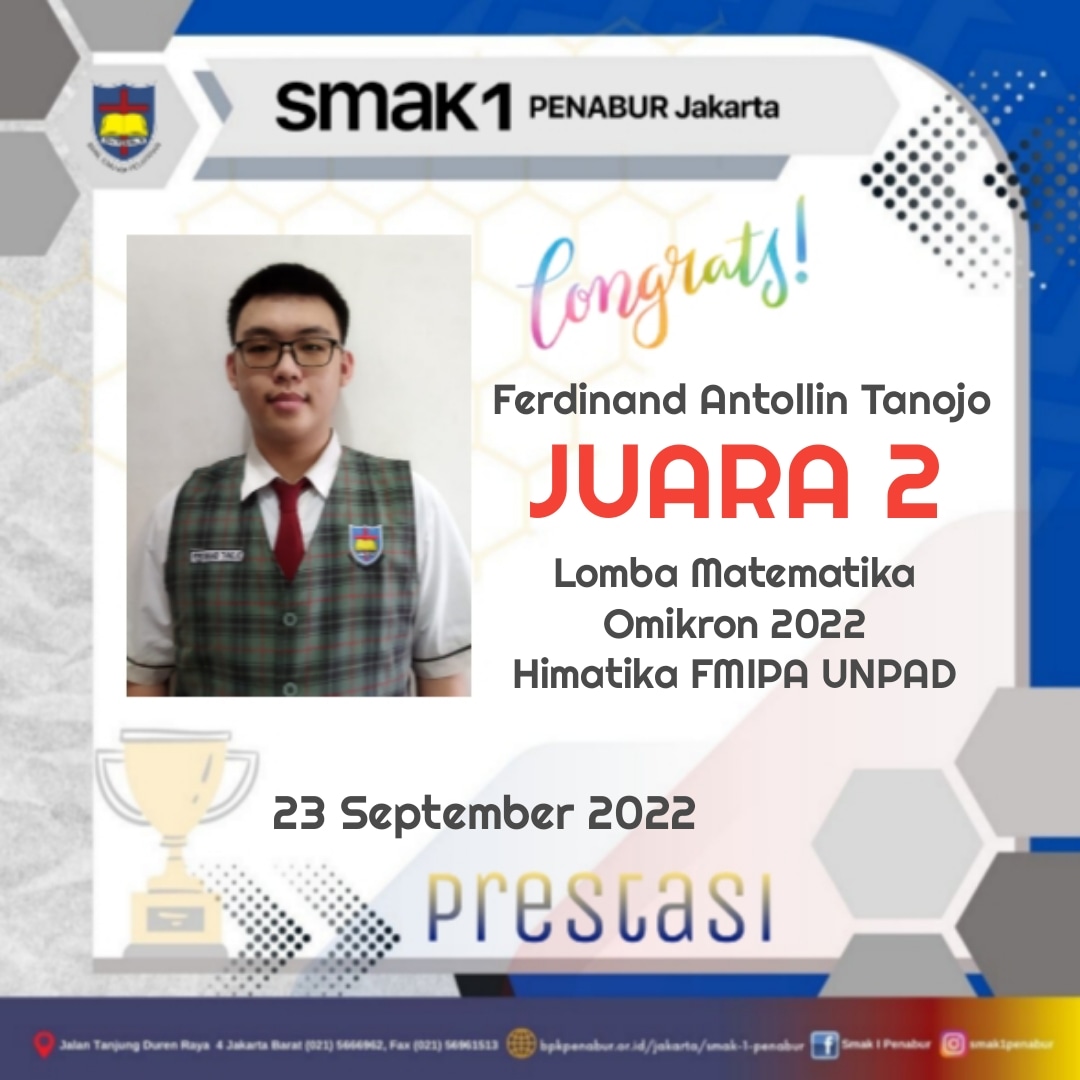 Prestasi Siswa SMAK 1 PENABUR JAKARTA dalam lomba Matematika yang diselenggarakan oleh UNPAD