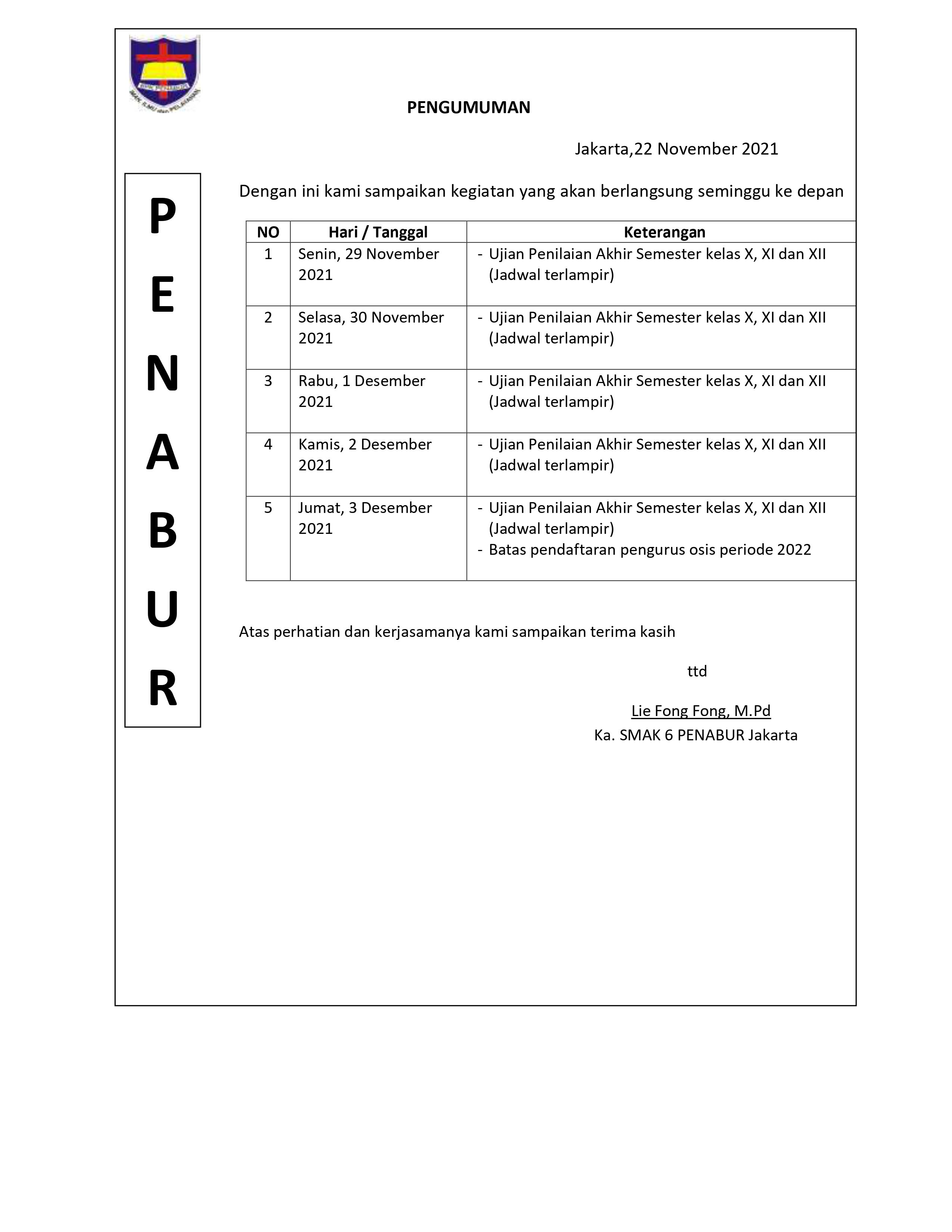 Jadwal Kegiatan Sekolah 29 November - 3 Desember 2021