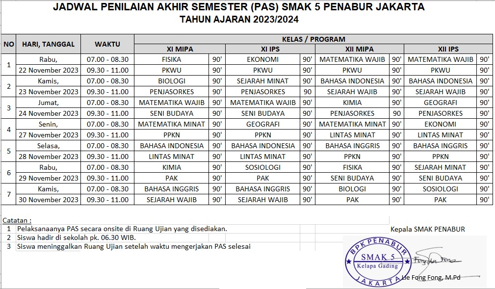Jadwal Penilaian Akhir Semester (PAS)  Kelas XI dan XII SMAK 5 PENABUR Jakarta Tahun Pelajaran 2023-2024